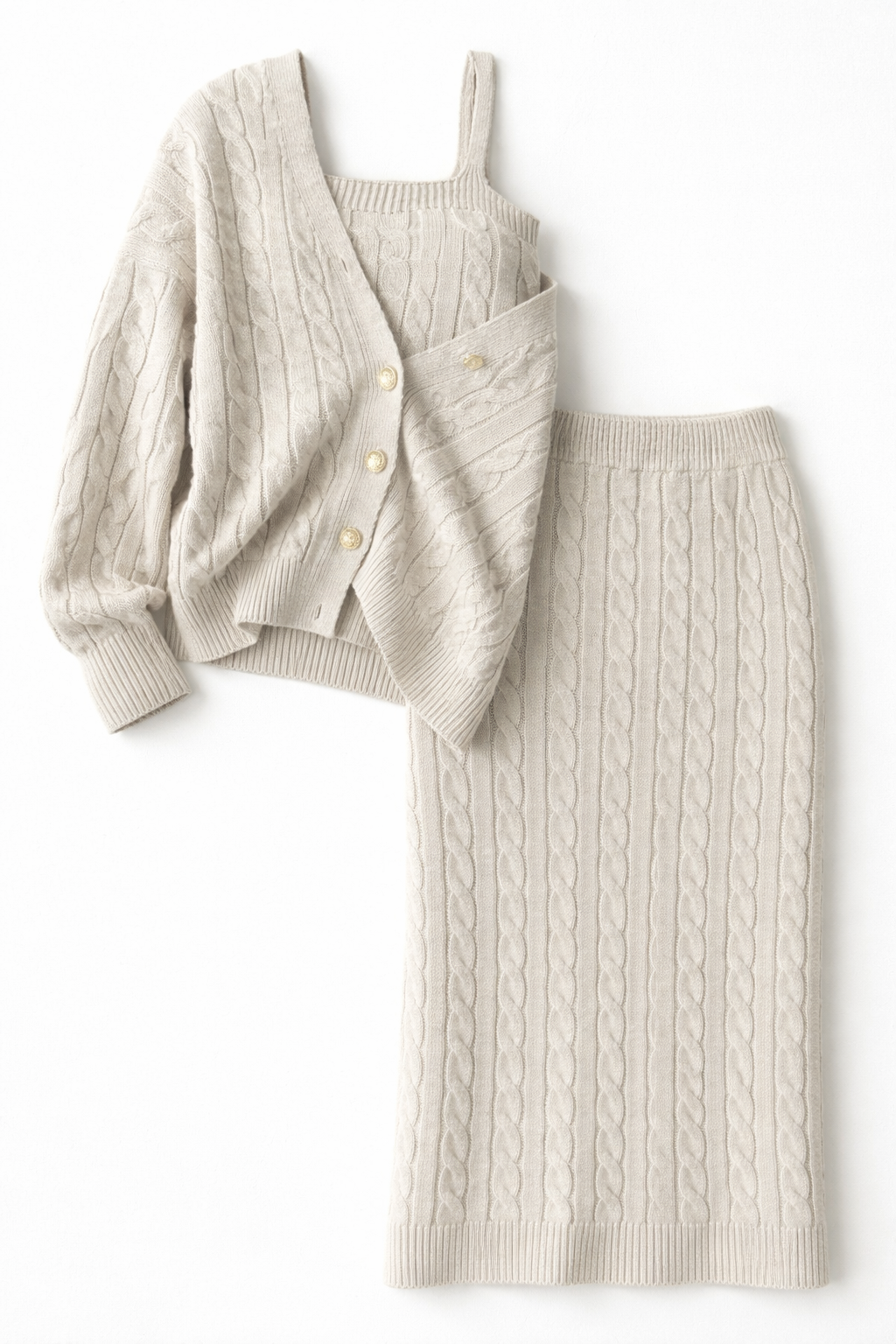 Ensemble maille torsadée ivoire – Cardigan, top & jupe longue