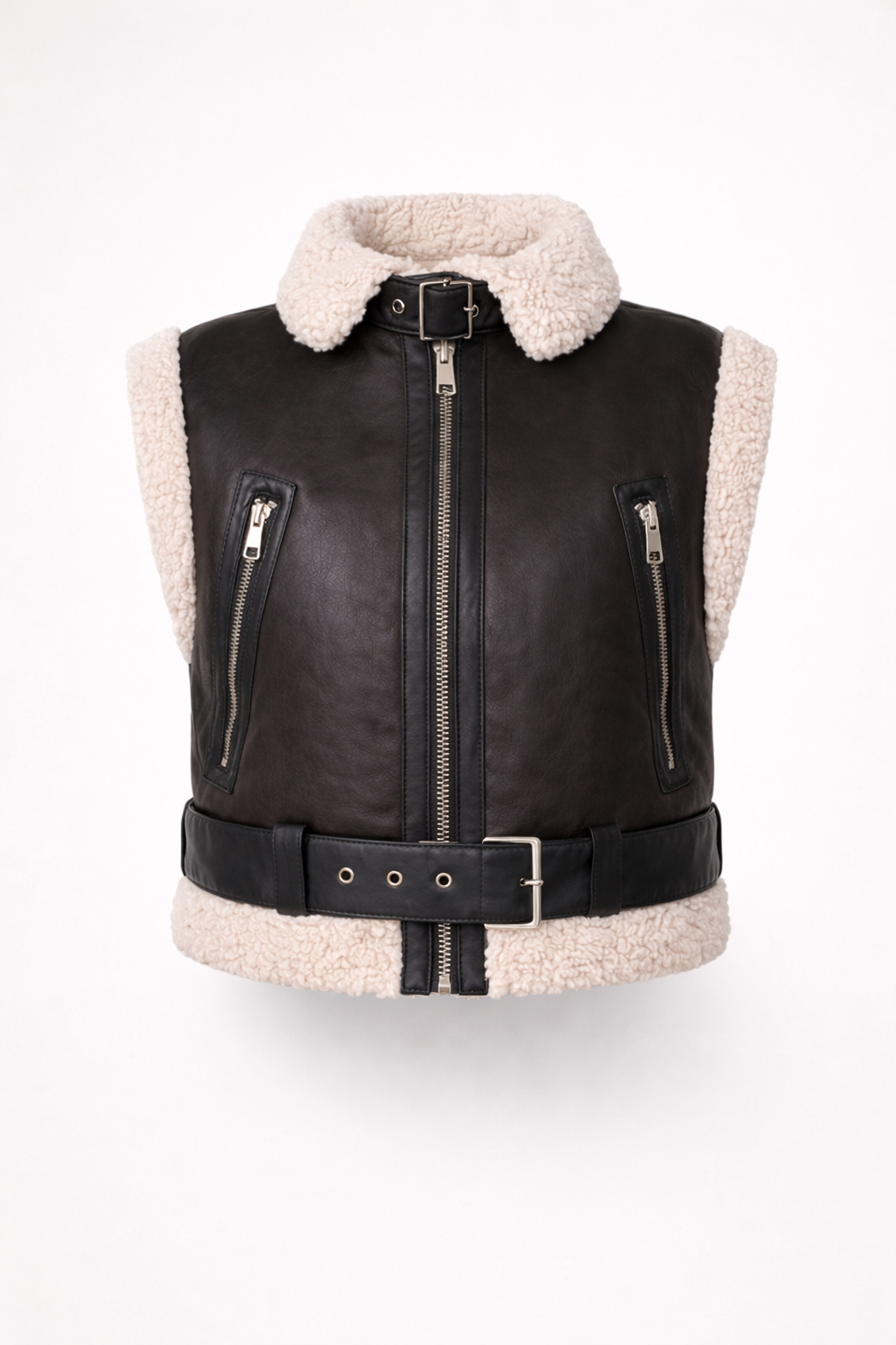 Veste Cuire Sans Manche Sherpa – Noir & Beige