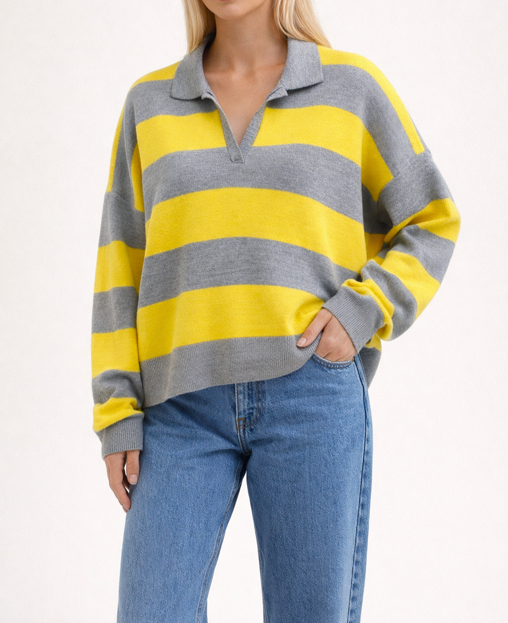 Pull à rayures oversize col polo – Gris & Jaune