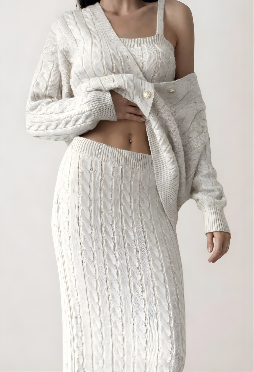 Ensemble maille torsadée ivoire – Cardigan, top & jupe longue