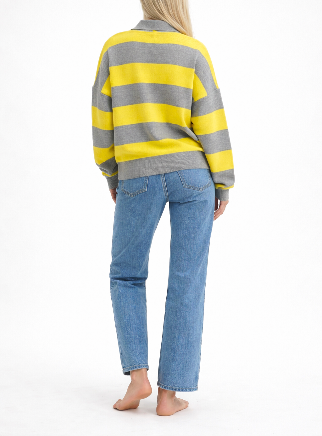 Pull à rayures oversize col polo – Gris & Jaune